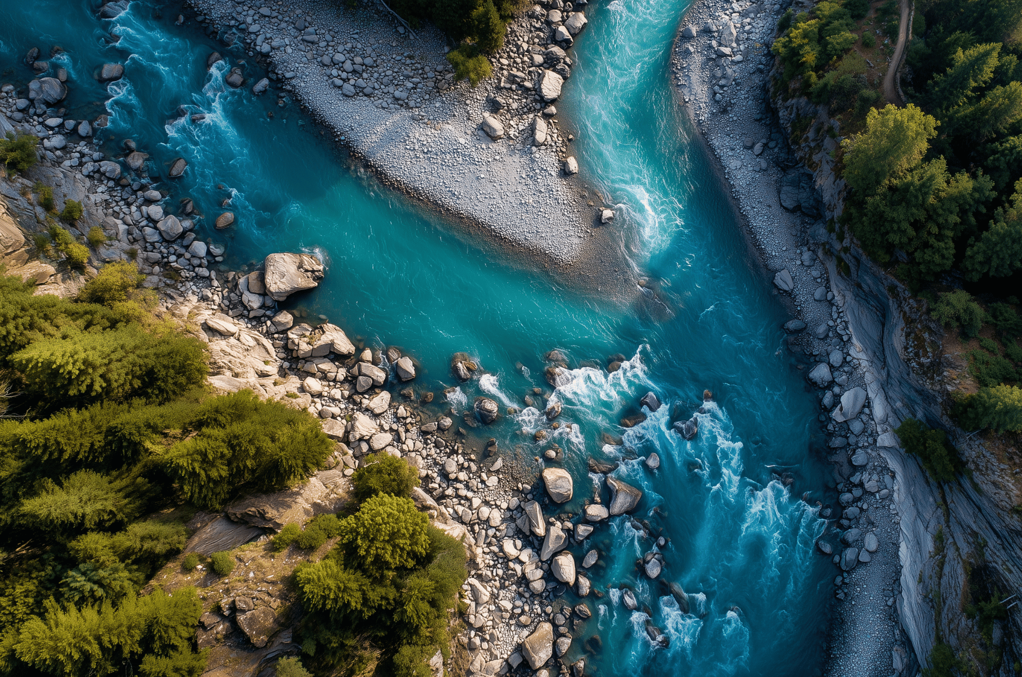 Aerial view of two mountain streams merging into one river, representing unified commerce holding every price a business has promised Aerial view of two mountain streams merging into one river, representing unified commerce holding every price a business has promised